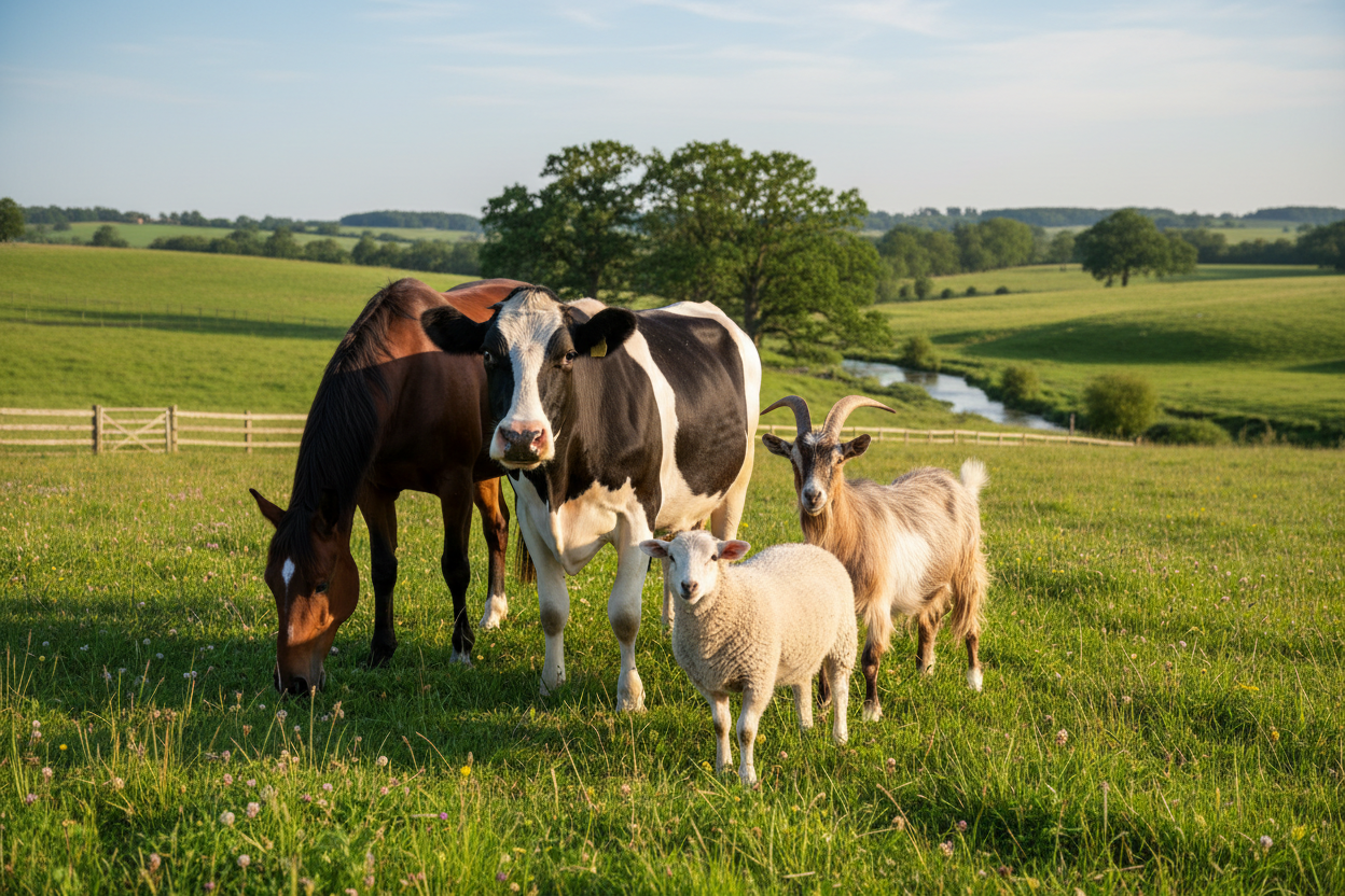 quiero una foto de un caballo una vaca una oveja y una cabra